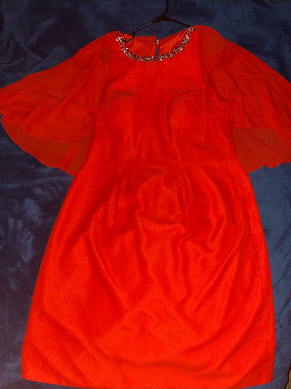 Red Jewel-Neck Sleeveless Dress with Attached Cape